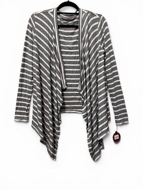 SO Striped Draped Open Front Cardigan Sweater in Gray and White Size L